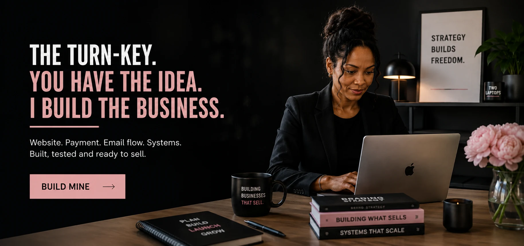 Entrepreneur working on her laptop for The Turn-Key, a done-for-you service that builds a complete business ready to sell.