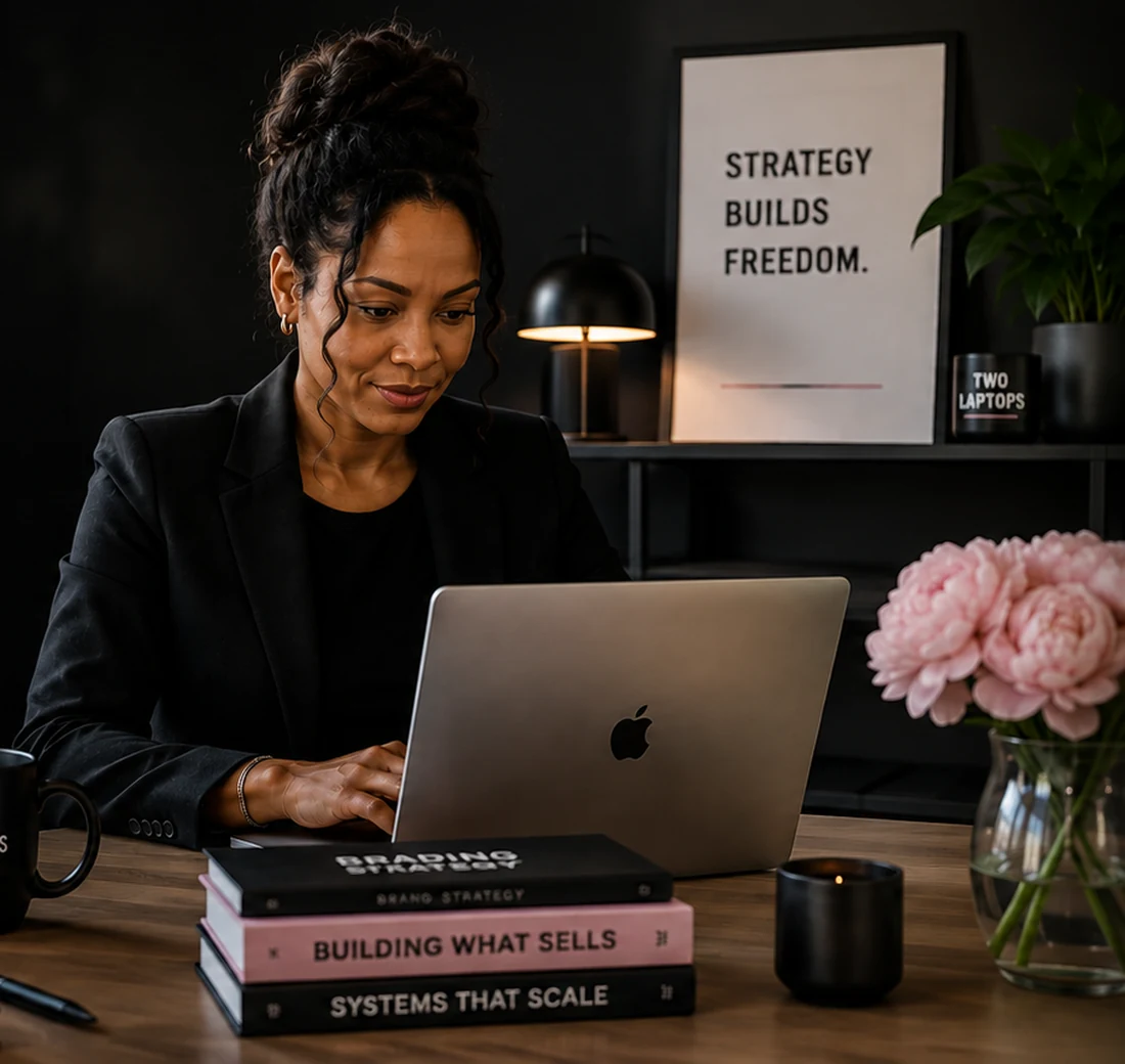 Entrepreneur working on her laptop for The Turn-Key, a done-for-you service that builds a complete business ready to sell.